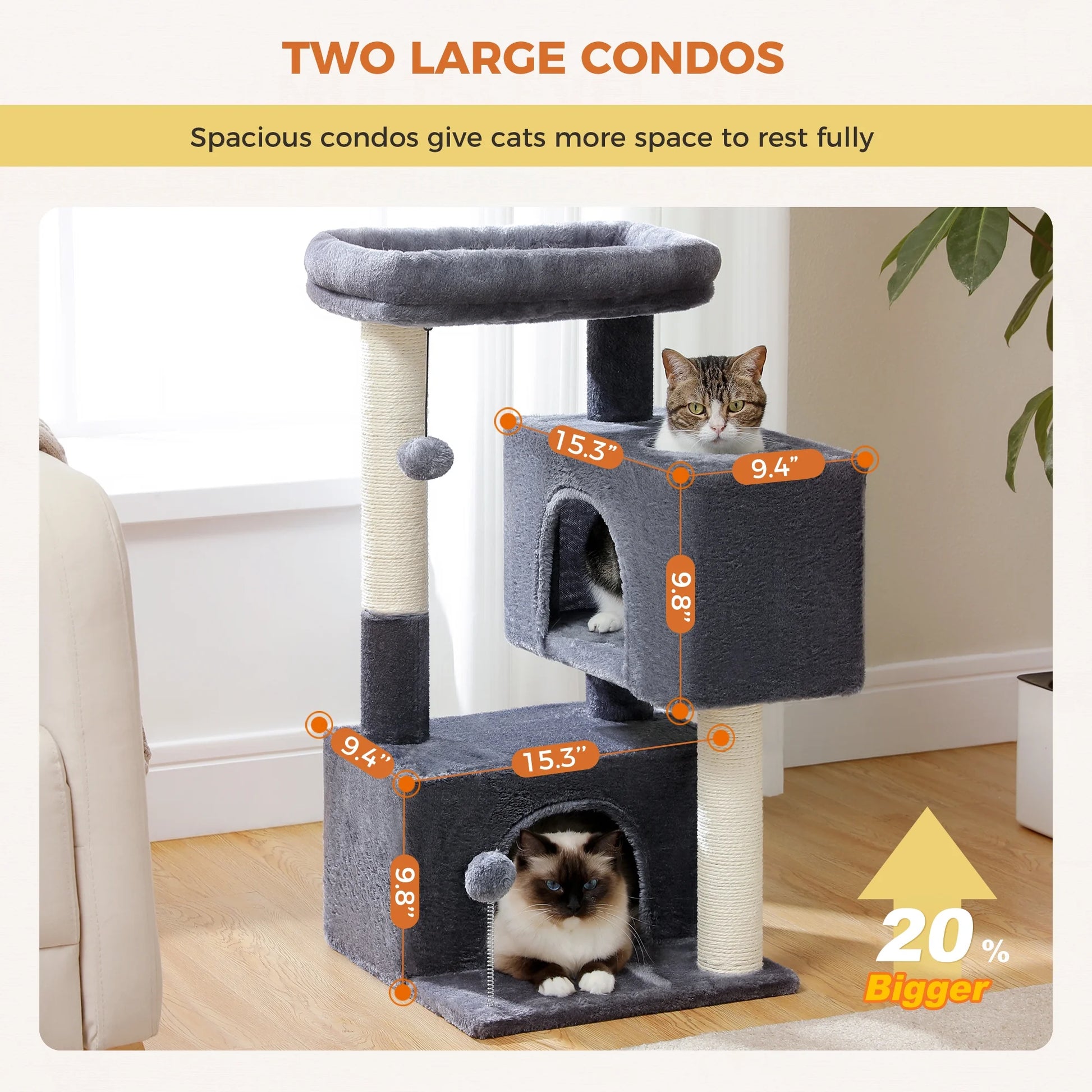 Stylish 31.5" Cat Tree Tower with Spacious Dual Condos for Kittens & Medium Cats - Dark Gray