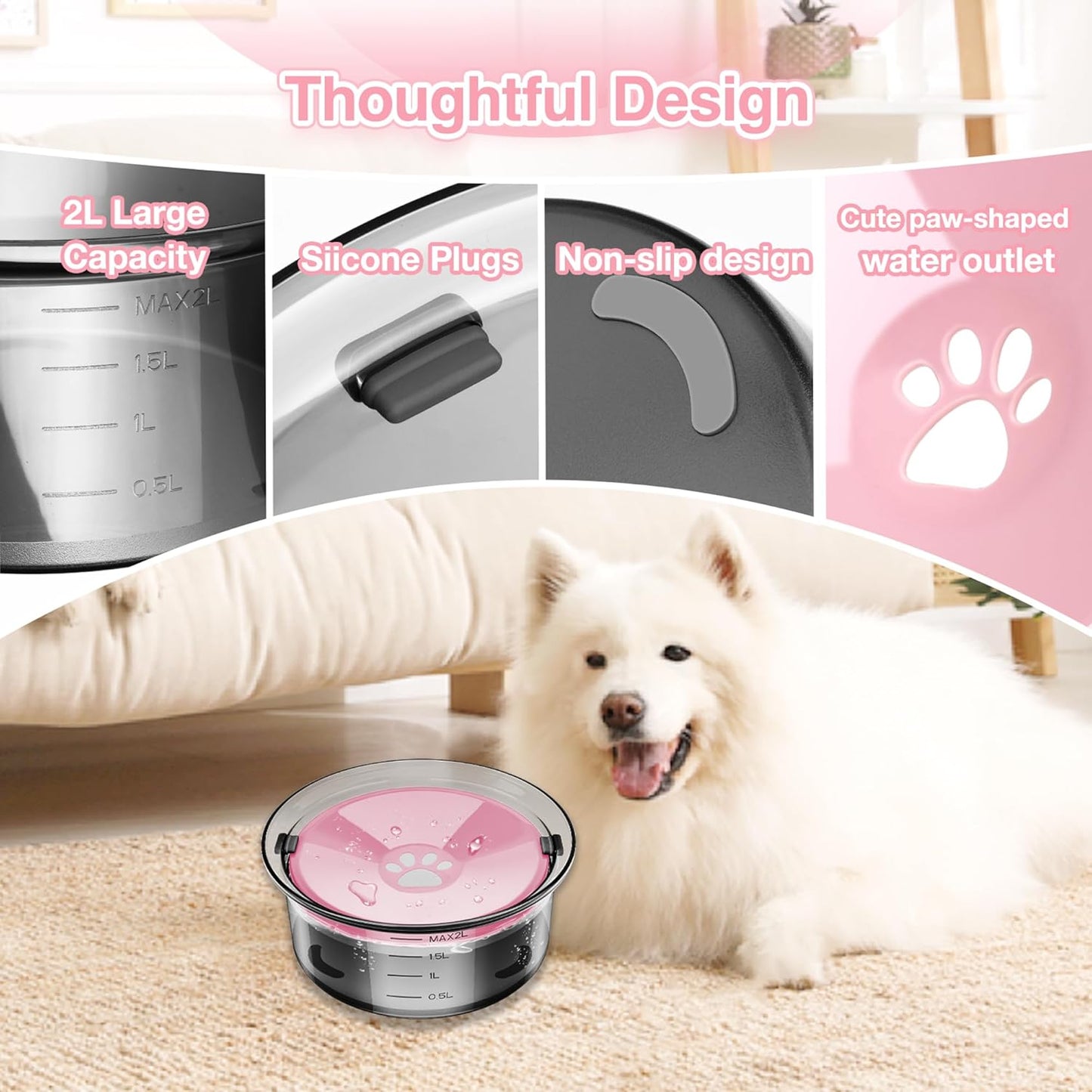 2L Dog Water Bowl No Spill, 70Oz Large Spill Proof Dog Water Bowl Reduce Refill, Slow Drinking Water Bowl anti Splash No Mess Pet Water Bowl for Vehicle/Outdoor/Indoor, Pink