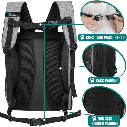 Ventilated Dog and Cat Backpack Carrier - Airline Approved, Perfect for Hiking, Camping, and Travel (Up to 18 lbs) - Stylish Grey Design