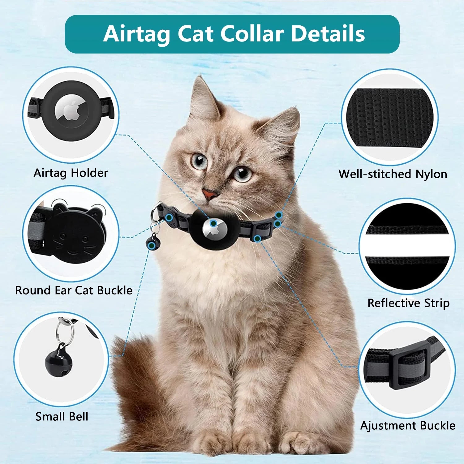 Breakaway Reflective Cat Collar with Airtag Case & Bell - 2 Pack for Cats, Kittens & Small Dogs - Black