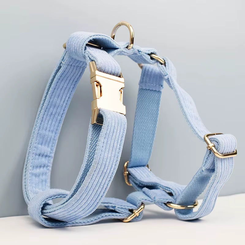Stylish Blue Corduroy Dog Collar and Leash Set with Custom Engraved Nameplate - Perfect Pet Supplies!