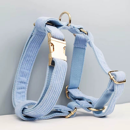 Stylish Blue Corduroy Dog Collar and Leash Set with Custom Engraved Nameplate - Perfect Pet Supplies!