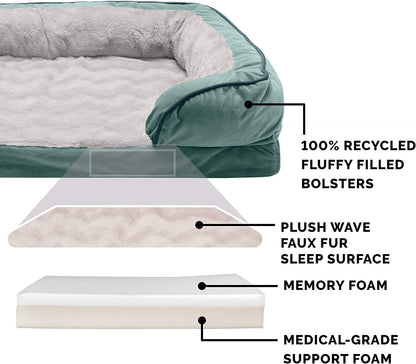 Plush Celadon Green Memory Foam Dog Bed with Removable Bolsters - Perfect Comfort for Small Dogs up to 20 Lbs - Washable Cover