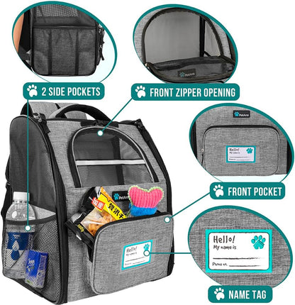 Ventilated Dog and Cat Backpack Carrier - Airline Approved, Perfect for Hiking, Camping, and Travel (Up to 18 lbs) - Stylish Grey Design