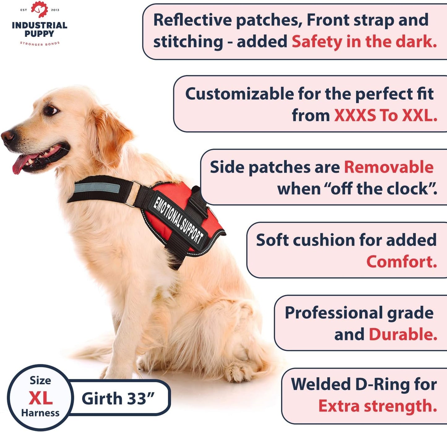 Emotional Support Vest Harness - Durable and Adjustable Dog Vest with Reflective Straps, Removable Patches, Handle & Leash Attachment, Travel and Daily Use, Large 27-33" - Pink