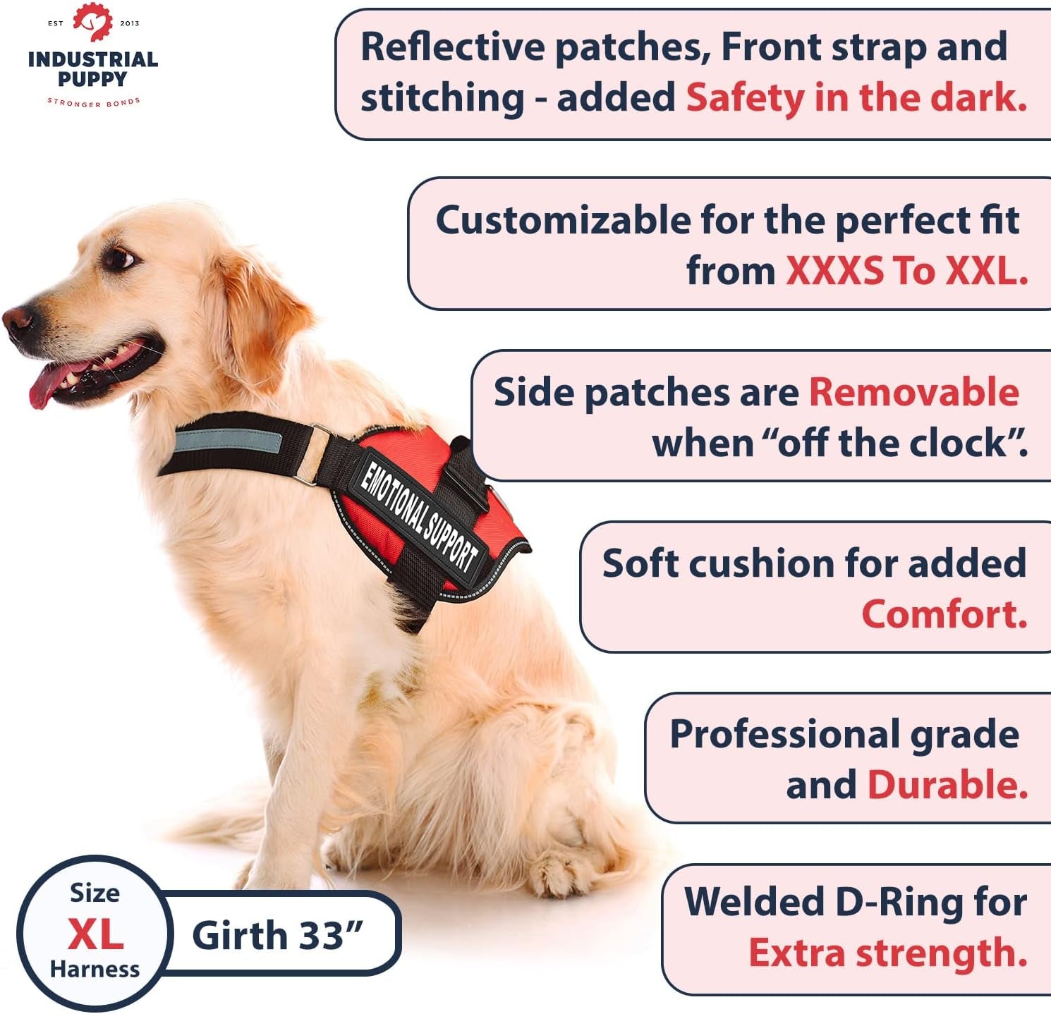 Emotional Support Vest Harness - Durable and Adjustable Dog Vest with Reflective Straps, Removable Patches, Handle & Leash Attachment, Travel and Daily Use, Large 27-33" - Pink