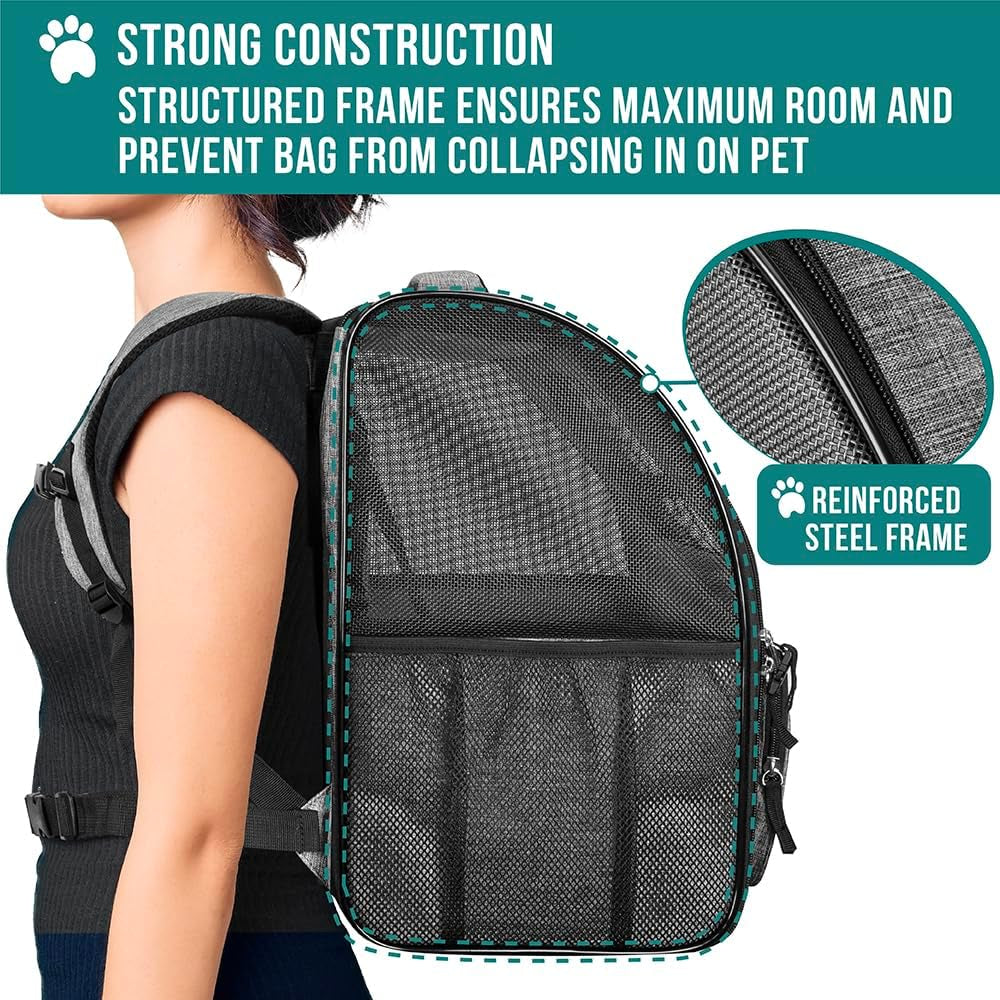 Ventilated Dog and Cat Backpack Carrier - Airline Approved, Perfect for Hiking, Camping, and Travel (Up to 18 lbs) - Stylish Grey Design