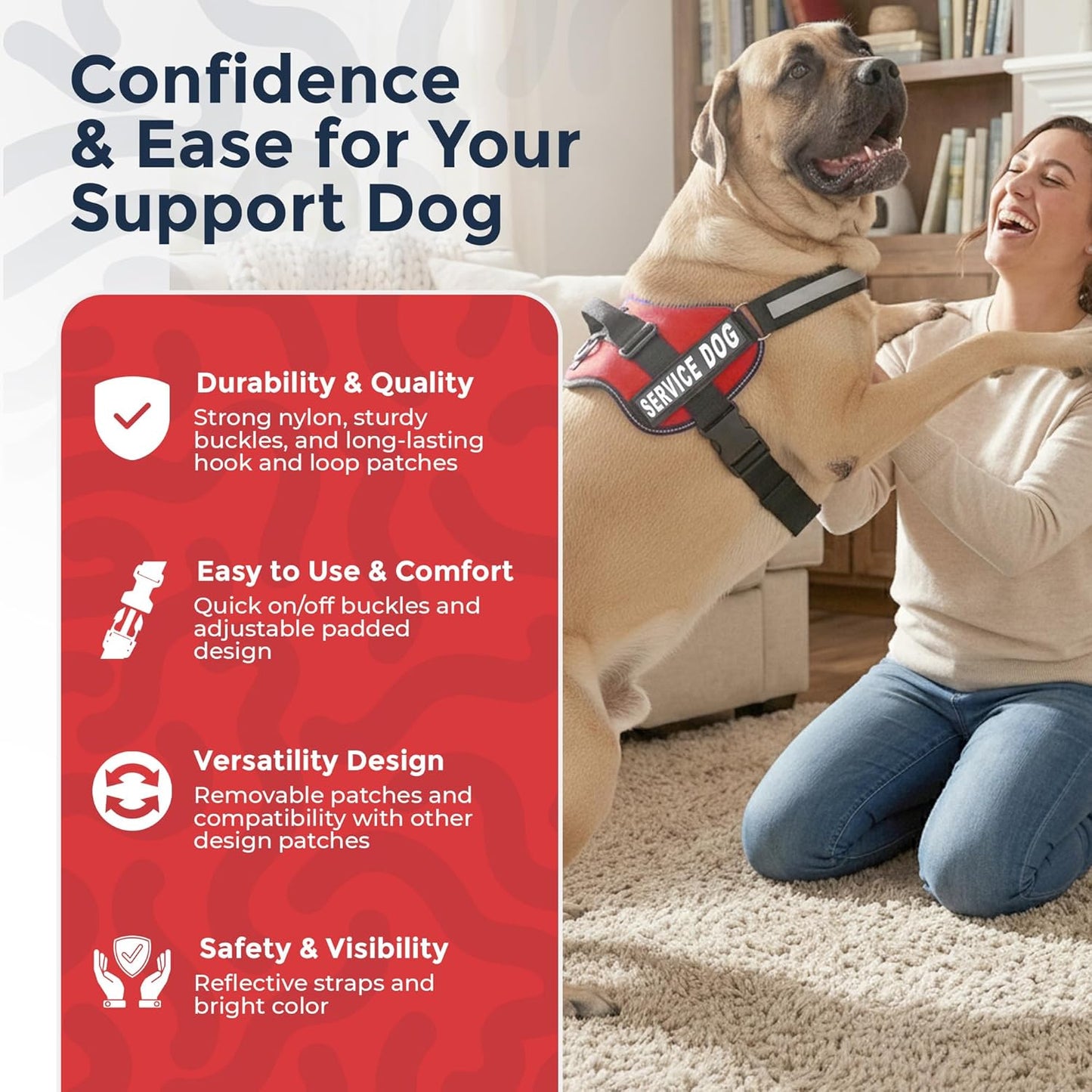 Premium Service Dog Vest Harness - Adjustable & Durable with Reflective Straps, Removable Patches, 50 ADA Cards, Handle & D-Ring for Travel & Daily Use (Bright Red, XL 30"-39")