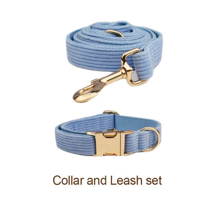 Stylish Blue Corduroy Dog Collar and Leash Set with Custom Engraved Nameplate - Perfect Pet Supplies!
