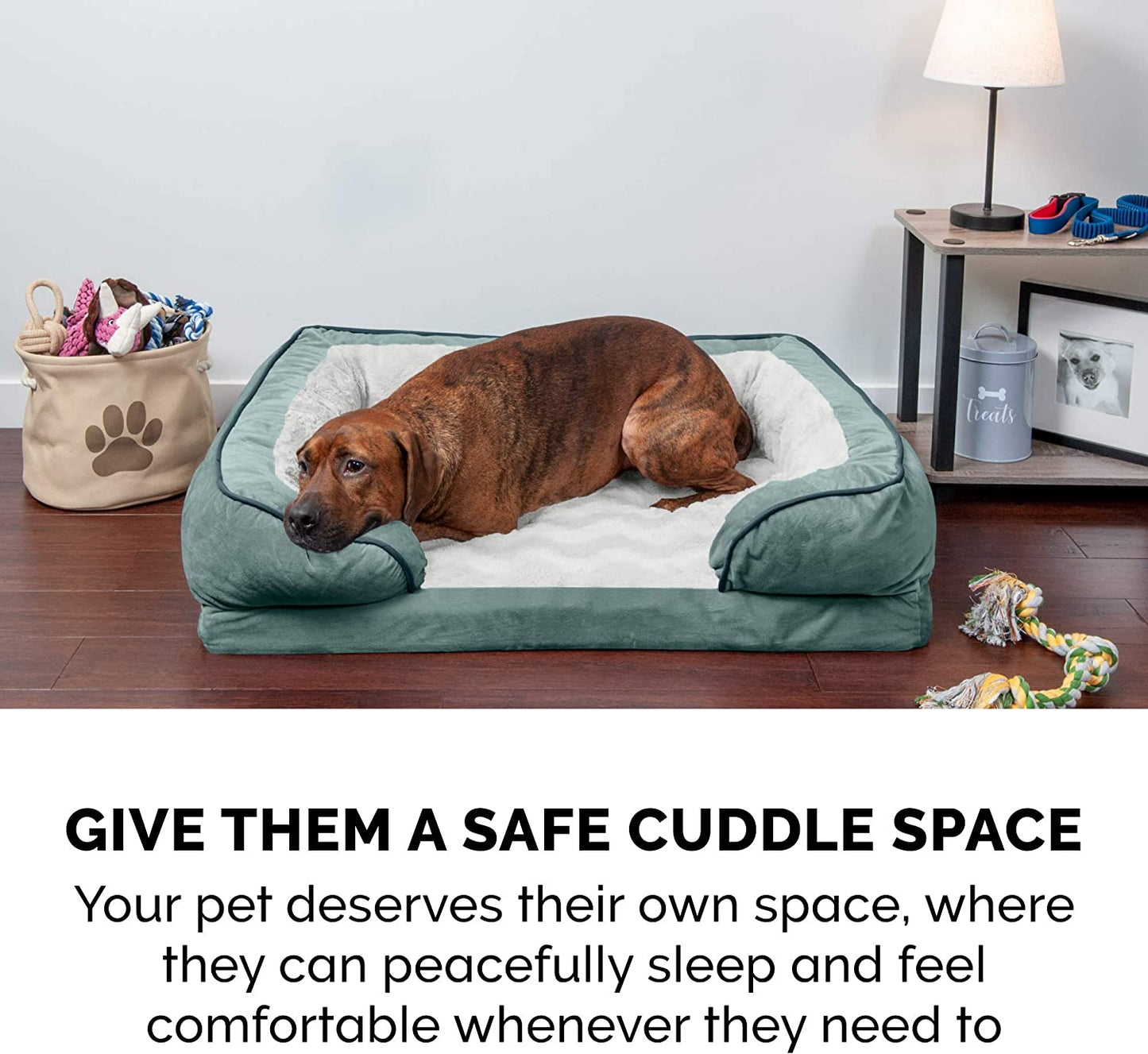 Plush Celadon Green Memory Foam Dog Bed with Removable Bolsters - Perfect Comfort for Small Dogs up to 20 Lbs - Washable Cover