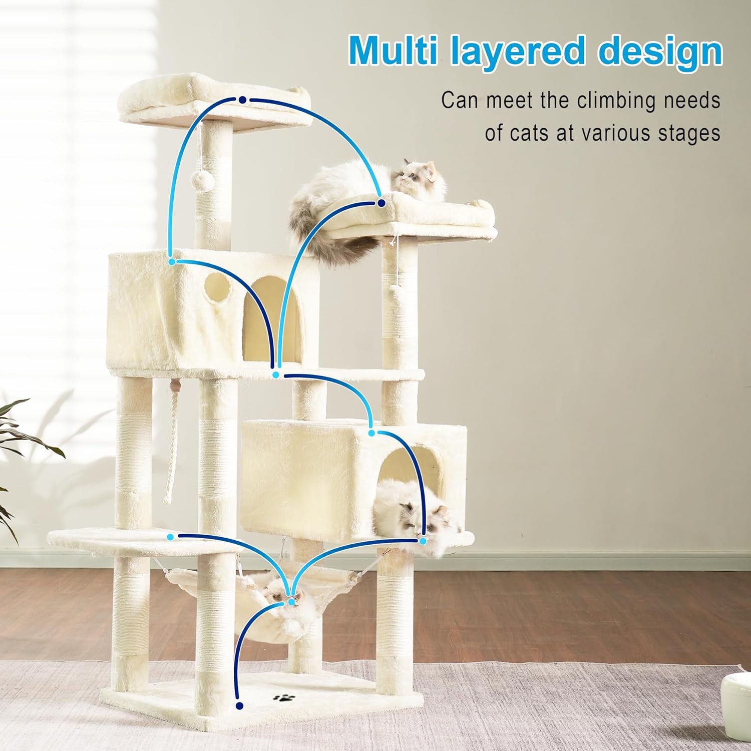 Ultimate Cat Paradise: Spacious Multi-Level Cat Tree with Cozy Condos, Hammock, and Durable Sisal Scratching Posts - Beige