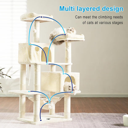 Ultimate Cat Paradise: Spacious Multi-Level Cat Tree with Cozy Condos, Hammock, and Durable Sisal Scratching Posts - Beige