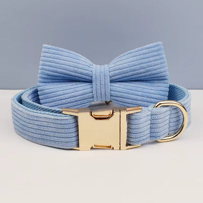 Stylish Blue Corduroy Dog Collar and Leash Set with Custom Engraved Nameplate - Perfect Pet Supplies!