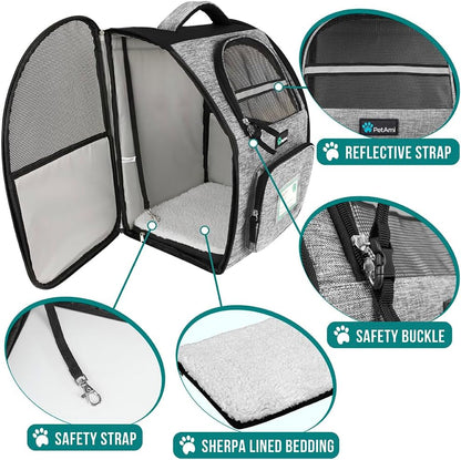 Ventilated Dog and Cat Backpack Carrier - Airline Approved, Perfect for Hiking, Camping, and Travel (Up to 18 lbs) - Stylish Grey Design