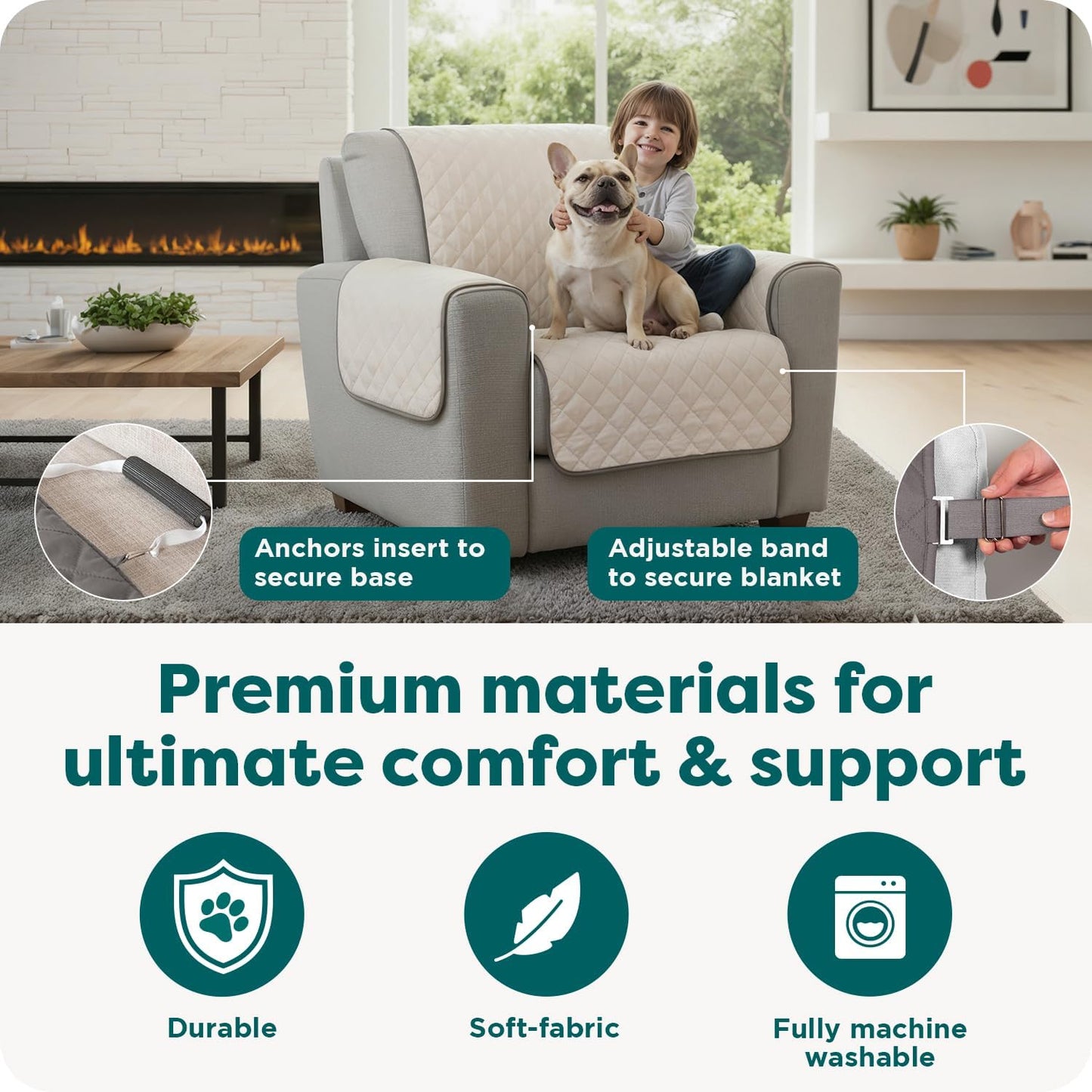 Water-Resistant Sofa Cover for Dogs & Cats, Reversible Couch Protector with Secure Straps and Pinsonic Quilted Fabric, Machine Washable Couch Cover, Large Sofa, Gray Mist