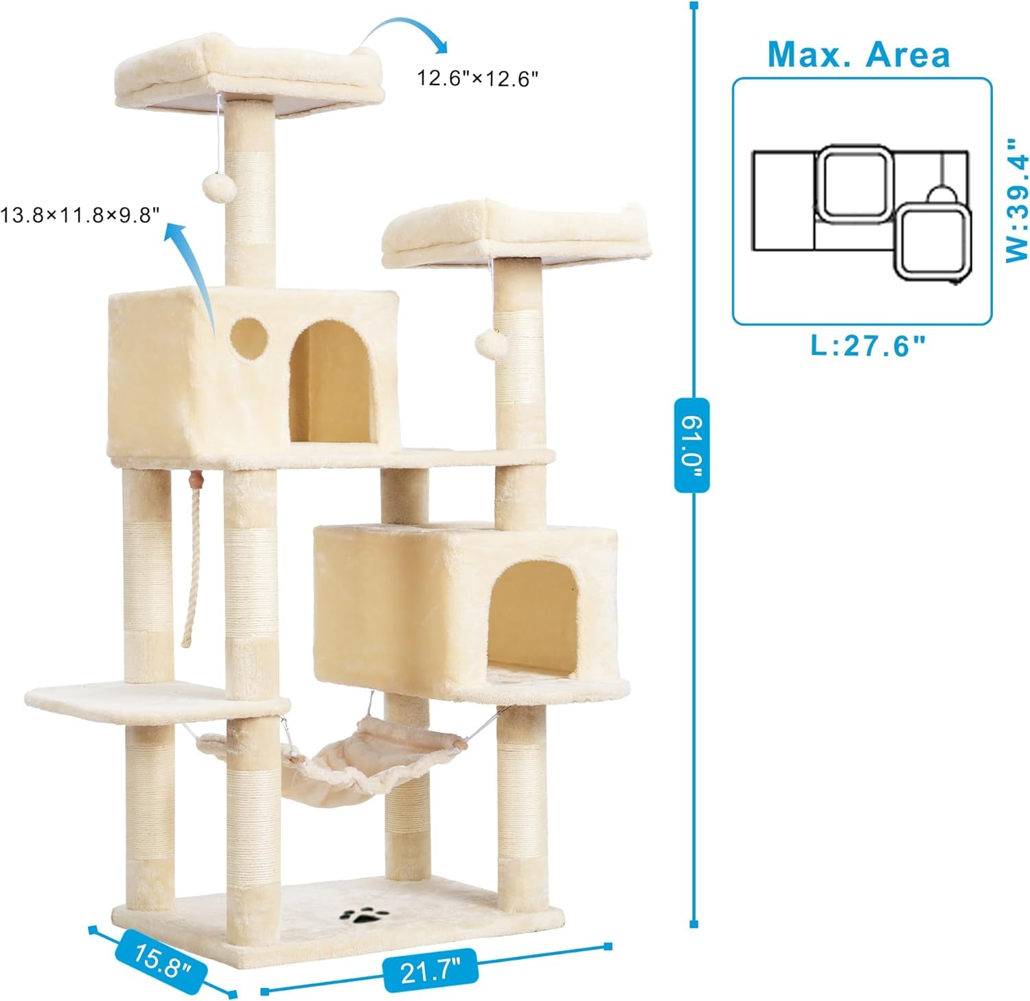 Ultimate Cat Paradise: Spacious Multi-Level Cat Tree with Cozy Condos, Hammock, and Durable Sisal Scratching Posts - Beige