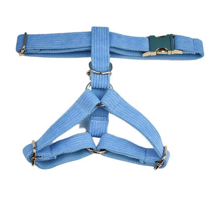 Stylish Blue Corduroy Dog Collar and Leash Set with Custom Engraved Nameplate - Perfect Pet Supplies!