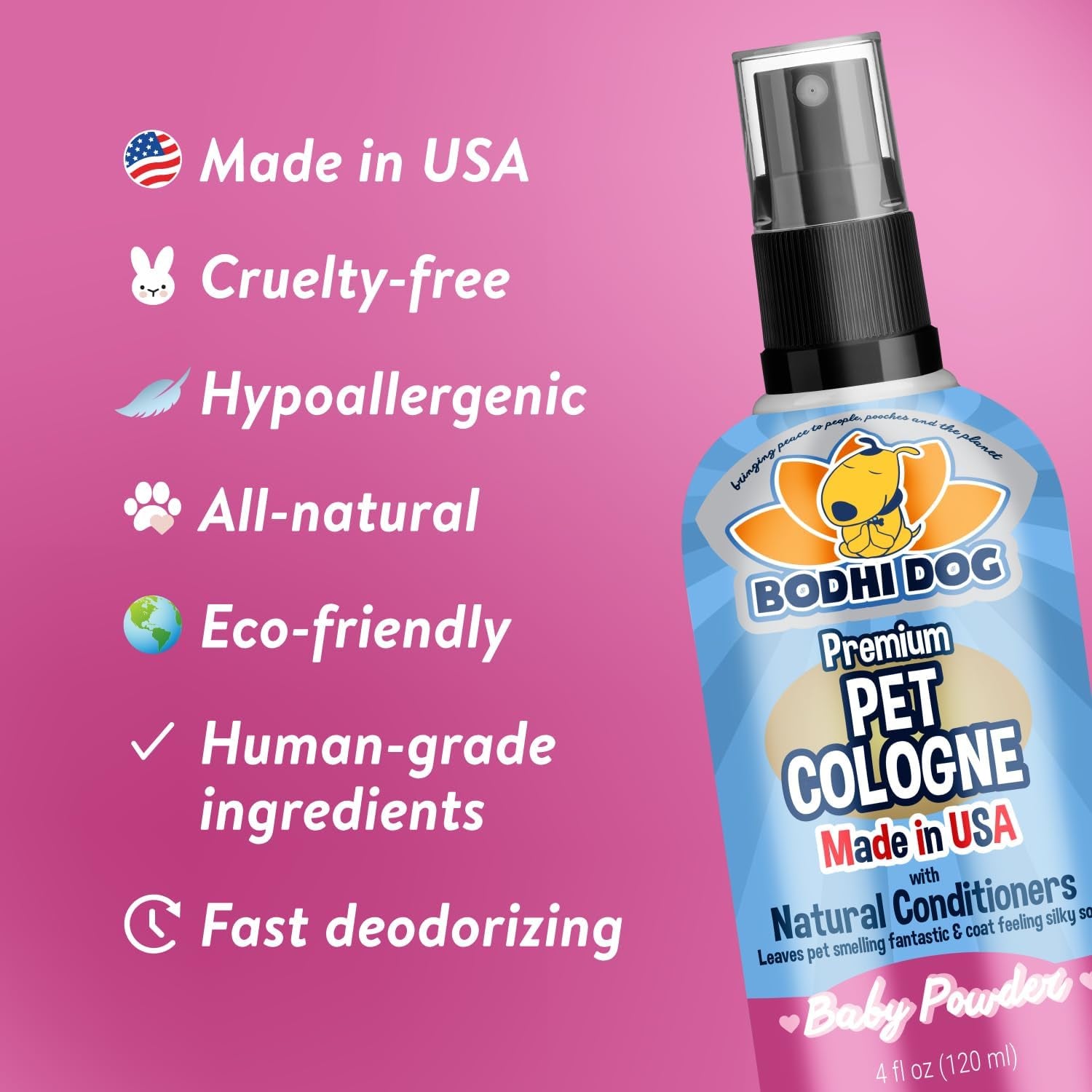 Premium Dog Cologne - Long-Lasting Deodorizing Spray & Conditioner for Dogs & Cats - Gentle Natural Formula - Keeps Pets Fresh All Day - Made in USA (Baby Powder, 4 Fl Oz)