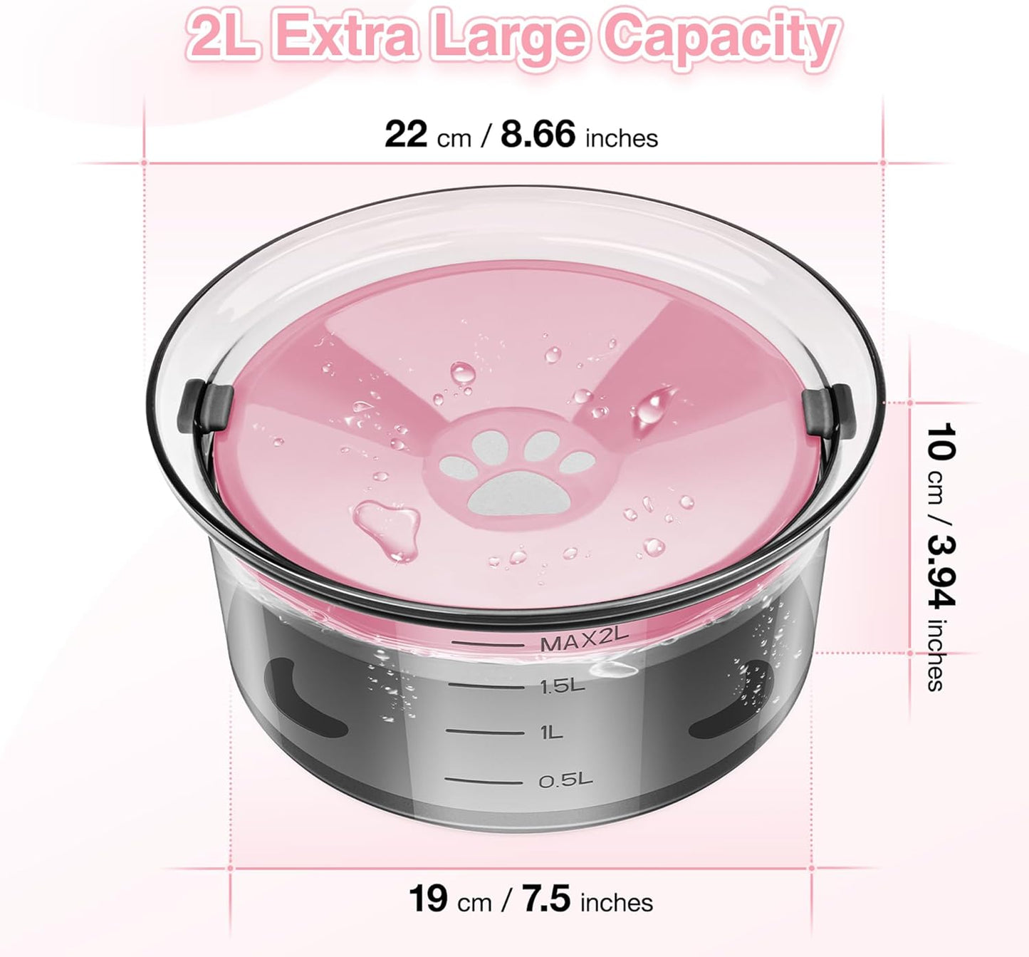 2L Dog Water Bowl No Spill, 70Oz Large Spill Proof Dog Water Bowl Reduce Refill, Slow Drinking Water Bowl anti Splash No Mess Pet Water Bowl for Vehicle/Outdoor/Indoor, Pink
