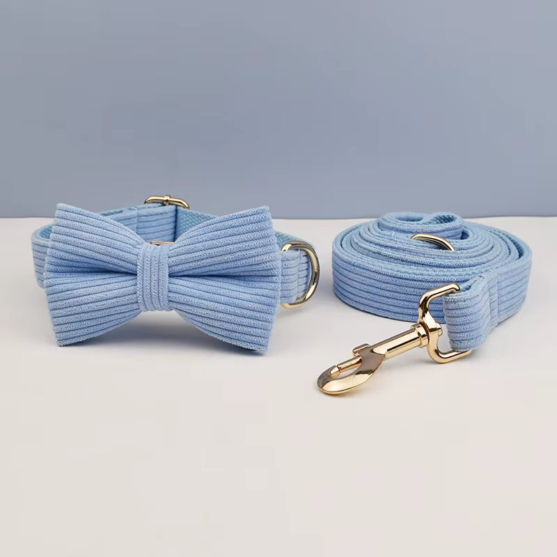 Stylish Blue Corduroy Dog Collar and Leash Set with Custom Engraved Nameplate - Perfect Pet Supplies!