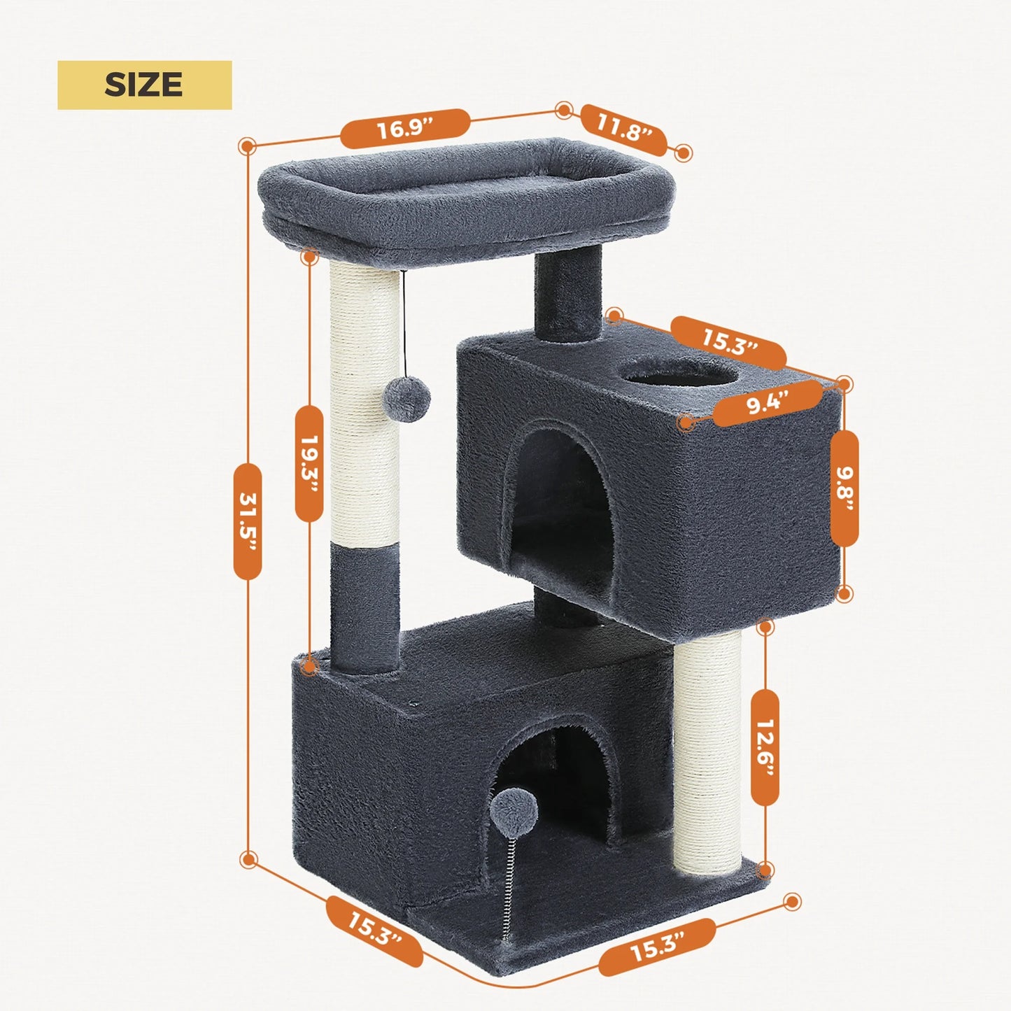 Stylish 31.5" Cat Tree Tower with Spacious Dual Condos for Kittens & Medium Cats - Dark Gray