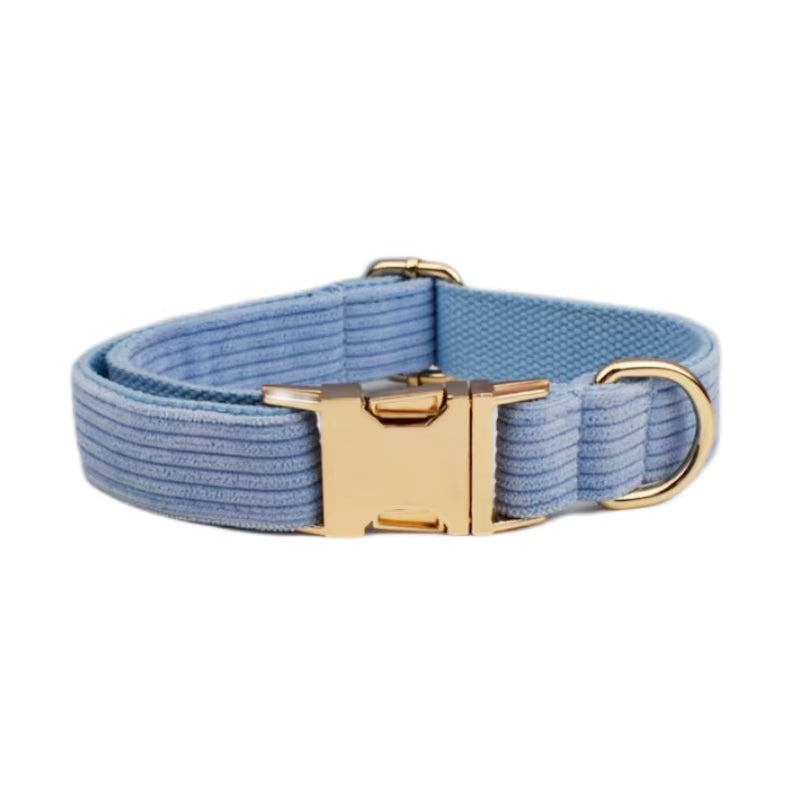Stylish Blue Corduroy Dog Collar and Leash Set with Custom Engraved Nameplate - Perfect Pet Supplies!