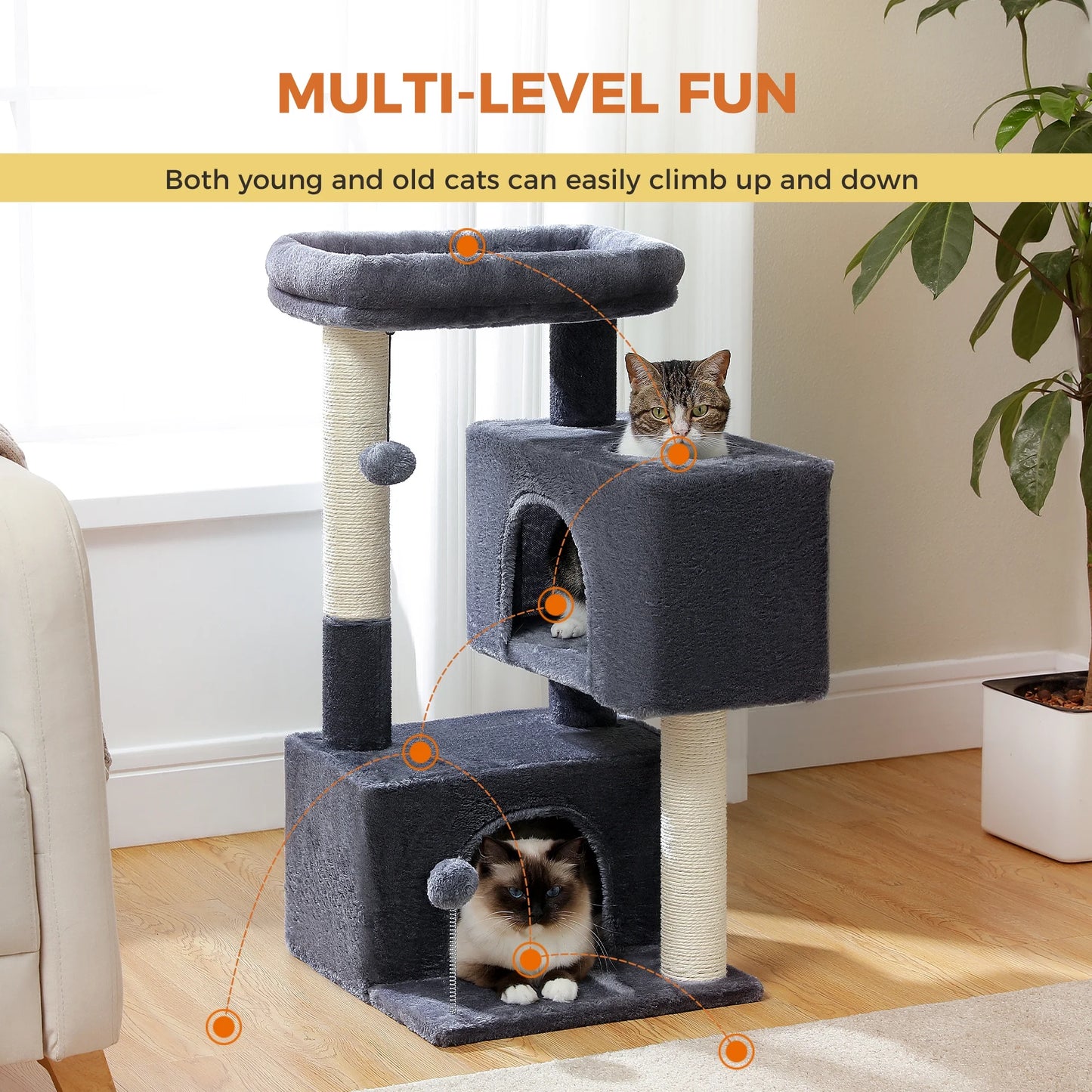 Stylish 31.5" Cat Tree Tower with Spacious Dual Condos for Kittens & Medium Cats - Dark Gray