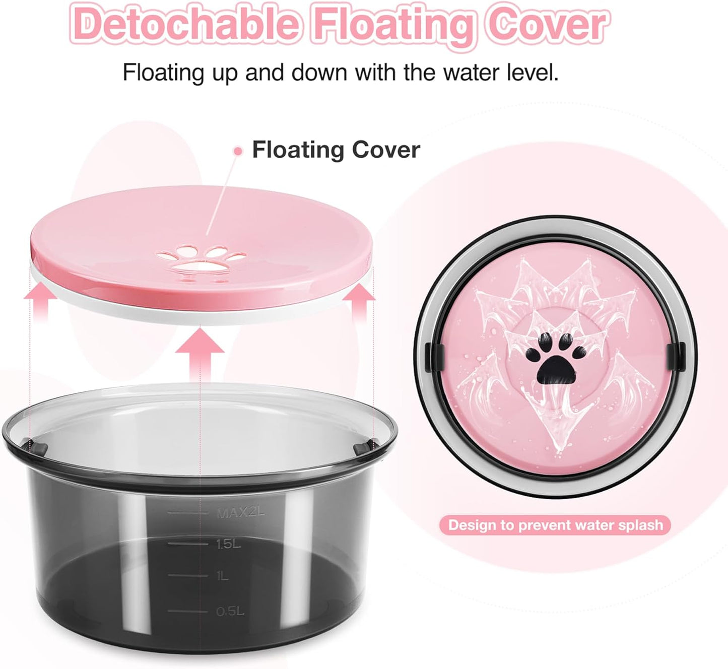 2L Dog Water Bowl No Spill, 70Oz Large Spill Proof Dog Water Bowl Reduce Refill, Slow Drinking Water Bowl anti Splash No Mess Pet Water Bowl for Vehicle/Outdoor/Indoor, Pink