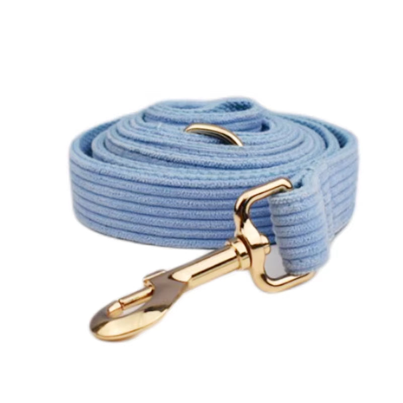 Stylish Blue Corduroy Dog Collar and Leash Set with Custom Engraved Nameplate - Perfect Pet Supplies!