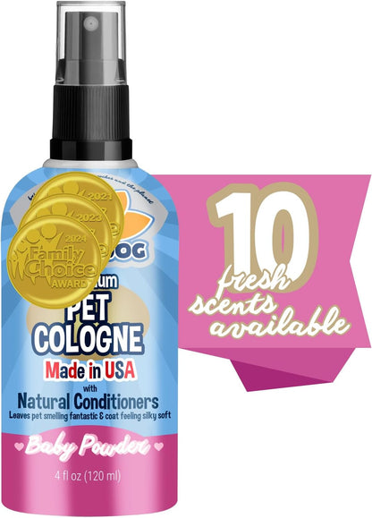 Premium Dog Cologne - Long-Lasting Deodorizing Spray & Conditioner for Dogs & Cats - Gentle Natural Formula - Keeps Pets Fresh All Day - Made in USA (Baby Powder, 4 Fl Oz)