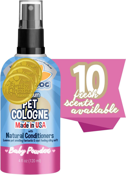 Premium Dog Cologne - Long-Lasting Deodorizing Spray & Conditioner for Dogs & Cats - Gentle Natural Formula - Keeps Pets Fresh All Day - Made in USA (Baby Powder, 4 Fl Oz)