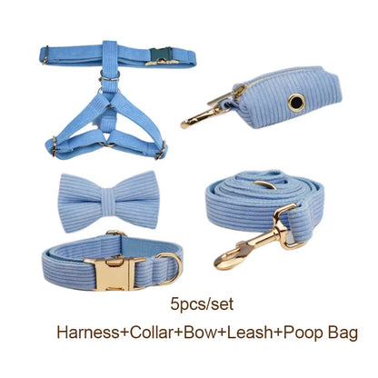 Stylish Blue Corduroy Dog Collar and Leash Set with Custom Engraved Nameplate - Perfect Pet Supplies!