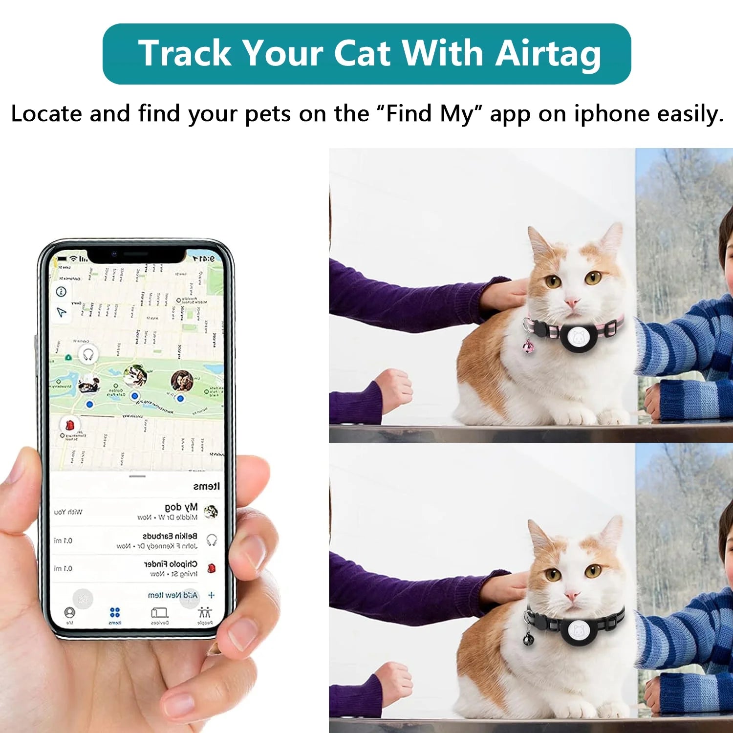 Breakaway Reflective Cat Collar with Airtag Case & Bell - 2 Pack for Cats, Kittens & Small Dogs - Black