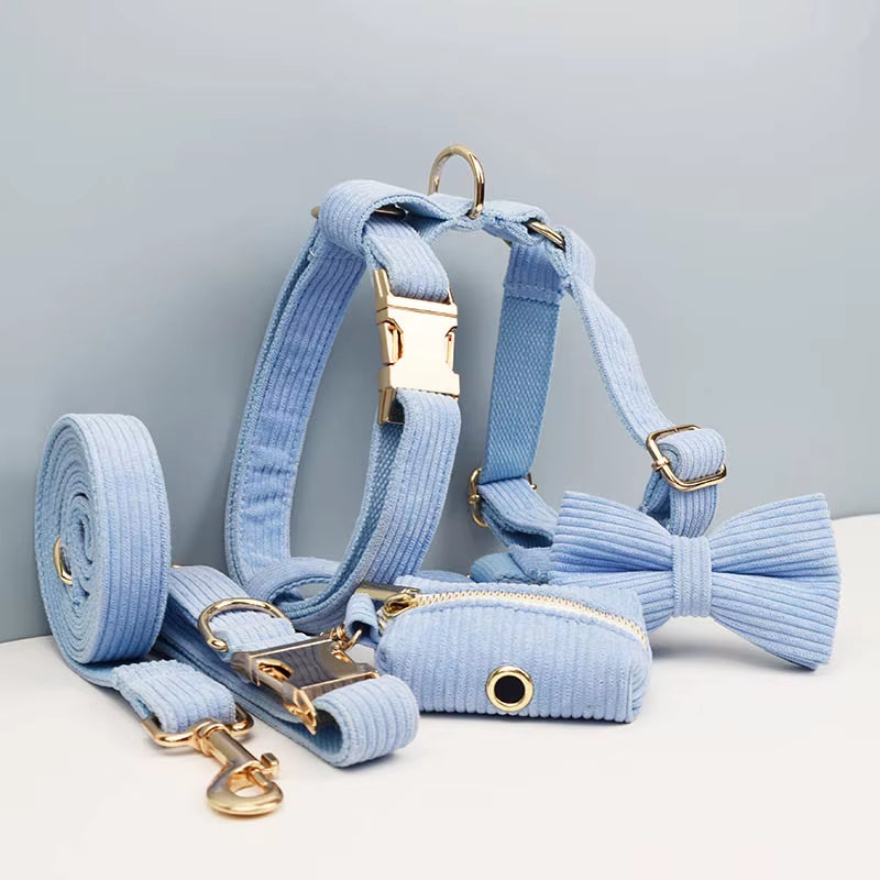 Stylish Blue Corduroy Dog Collar and Leash Set with Custom Engraved Nameplate - Perfect Pet Supplies!