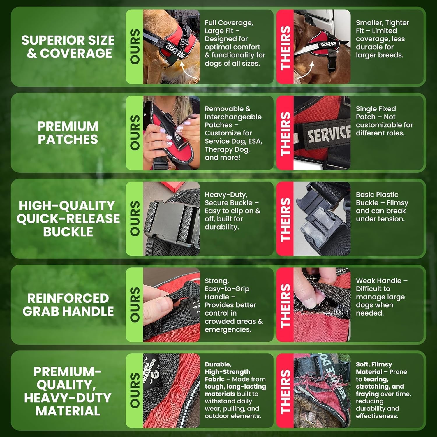 Premium Service Dog Vest Harness - Adjustable & Durable with Reflective Straps, Removable Patches, 50 ADA Cards, Handle & D-Ring for Travel & Daily Use (Bright Red, XL 30"-39")