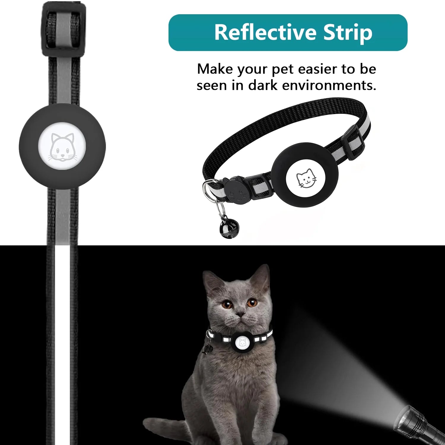 Breakaway Reflective Cat Collar with Airtag Case & Bell - 2 Pack for Cats, Kittens & Small Dogs - Black