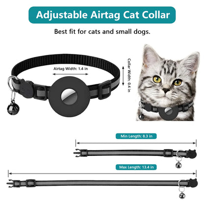 Breakaway Reflective Cat Collar with Airtag Case & Bell - 2 Pack for Cats, Kittens & Small Dogs - Black