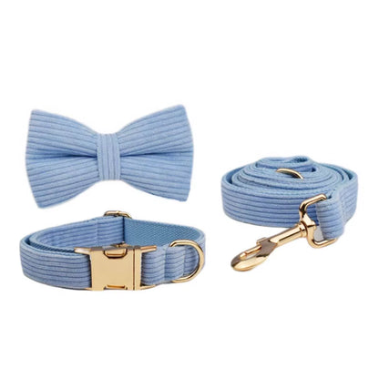 Stylish Blue Corduroy Dog Collar and Leash Set with Custom Engraved Nameplate - Perfect Pet Supplies!