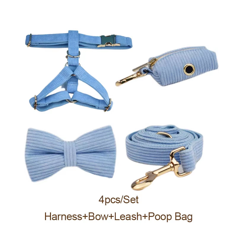 Stylish Blue Corduroy Dog Collar and Leash Set with Custom Engraved Nameplate - Perfect Pet Supplies!