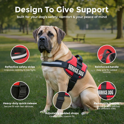 Premium Service Dog Vest Harness - Adjustable & Durable with Reflective Straps, Removable Patches, 50 ADA Cards, Handle & D-Ring for Travel & Daily Use (Bright Red, XL 30"-39")