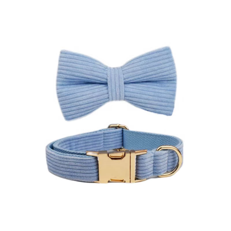 Stylish Blue Corduroy Dog Collar and Leash Set with Custom Engraved Nameplate - Perfect Pet Supplies!