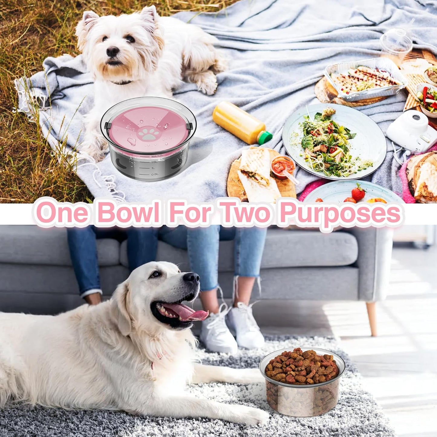 2L Dog Water Bowl No Spill, 70Oz Large Spill Proof Dog Water Bowl Reduce Refill, Slow Drinking Water Bowl anti Splash No Mess Pet Water Bowl for Vehicle/Outdoor/Indoor, Pink