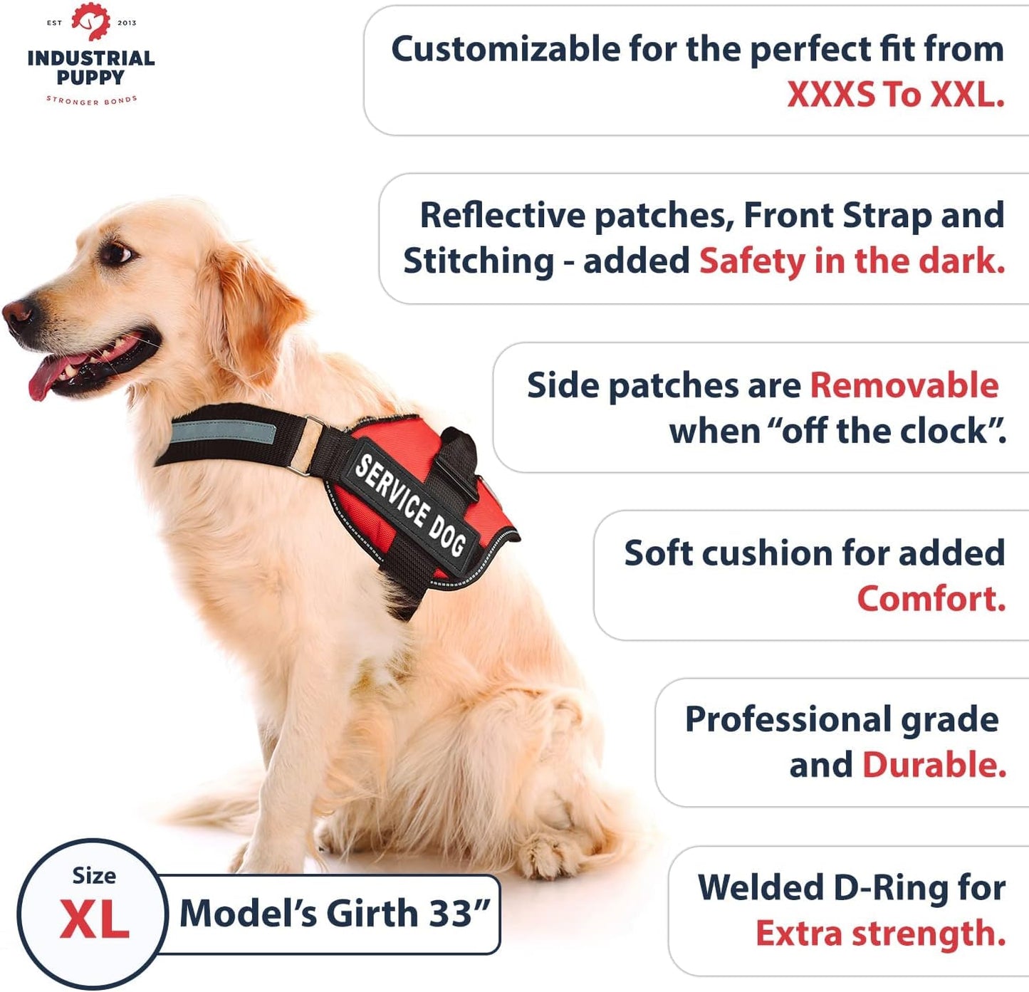 Premium Service Dog Vest Harness - Adjustable & Durable with Reflective Straps, Removable Patches, 50 ADA Cards, Handle & D-Ring for Travel & Daily Use (Bright Red, XL 30"-39")