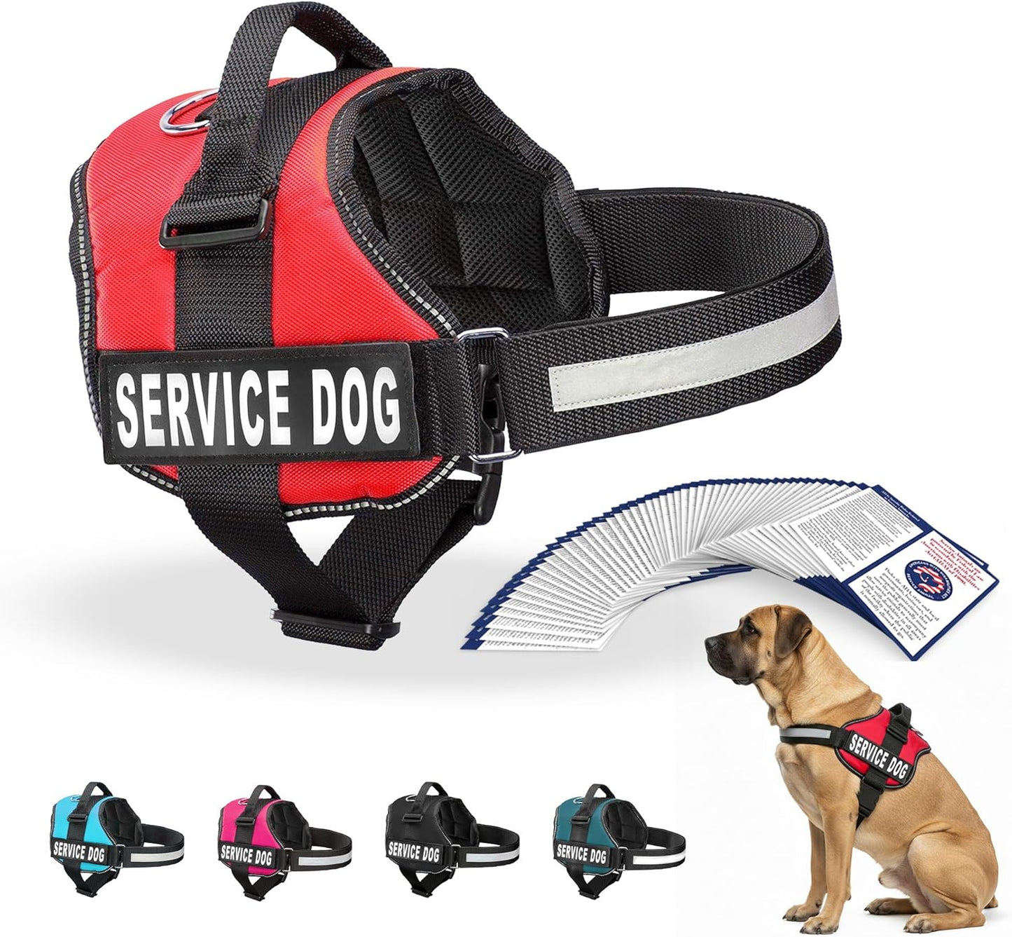 Premium Service Dog Vest Harness - Adjustable & Durable with Reflective Straps, Removable Patches, 50 ADA Cards, Handle & D-Ring for Travel & Daily Use (Bright Red, XL 30"-39")