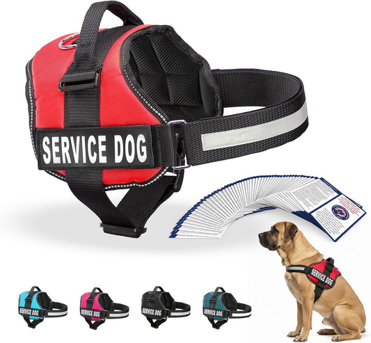 Premium Service Dog Vest Harness - Adjustable & Durable with Reflective Straps, Removable Patches, 50 ADA Cards, Handle & D-Ring for Travel & Daily Use (Bright Red, XL 30"-39")