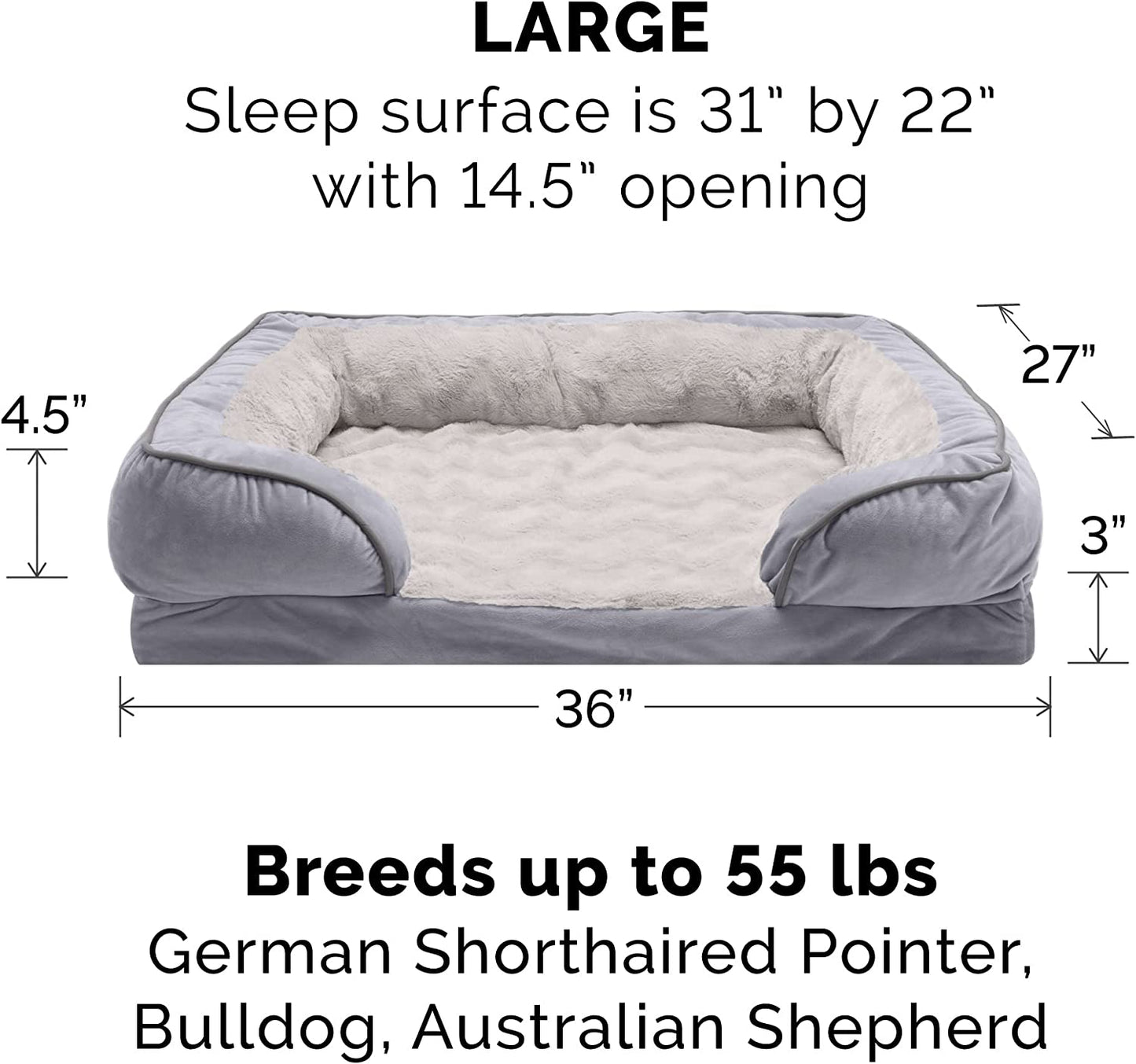 Luxurious Orthopedic Foam Dog Bed - Soft & Comfortable with Washable Velvet Cover - Perfect for Dogs up to 55 Lbs - Granite Gray