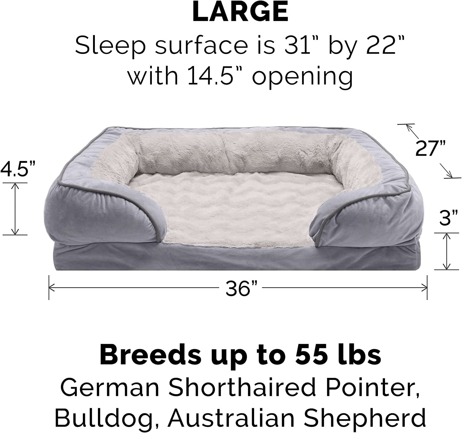 Luxurious Orthopedic Foam Dog Bed - Soft & Comfortable with Washable Velvet Cover - Perfect for Dogs up to 55 Lbs - Granite Gray