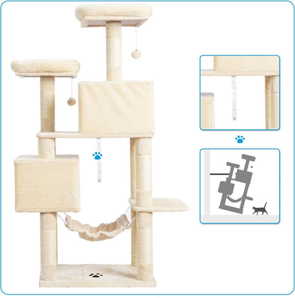 Ultimate Cat Paradise: Spacious Multi-Level Cat Tree with Cozy Condos, Hammock, and Durable Sisal Scratching Posts - Beige