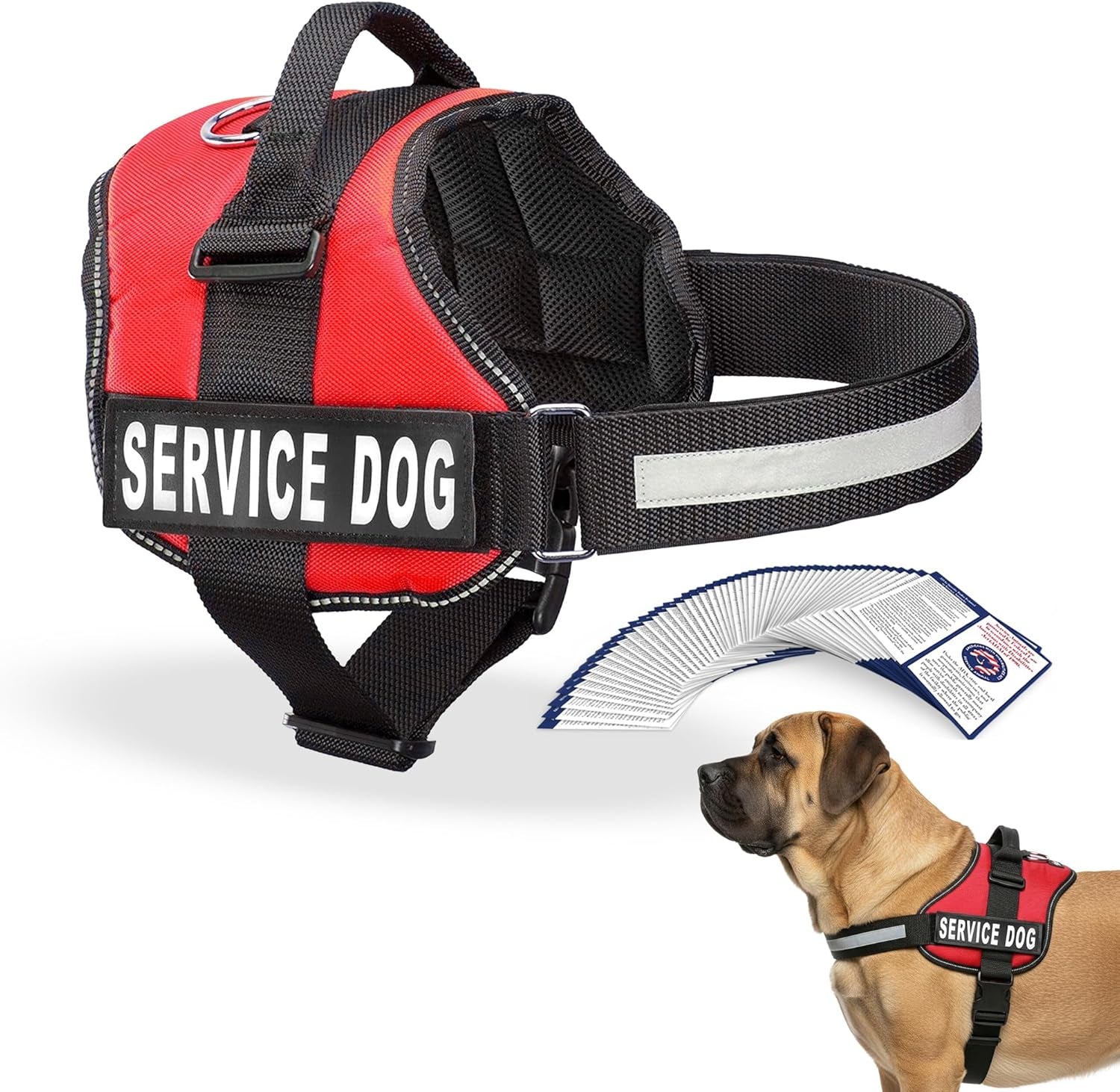 Premium Service Dog Vest Harness - Adjustable & Durable with Reflective Straps, Removable Patches, 50 ADA Cards, Handle & D-Ring for Travel & Daily Use (Bright Red, XL 30"-39")