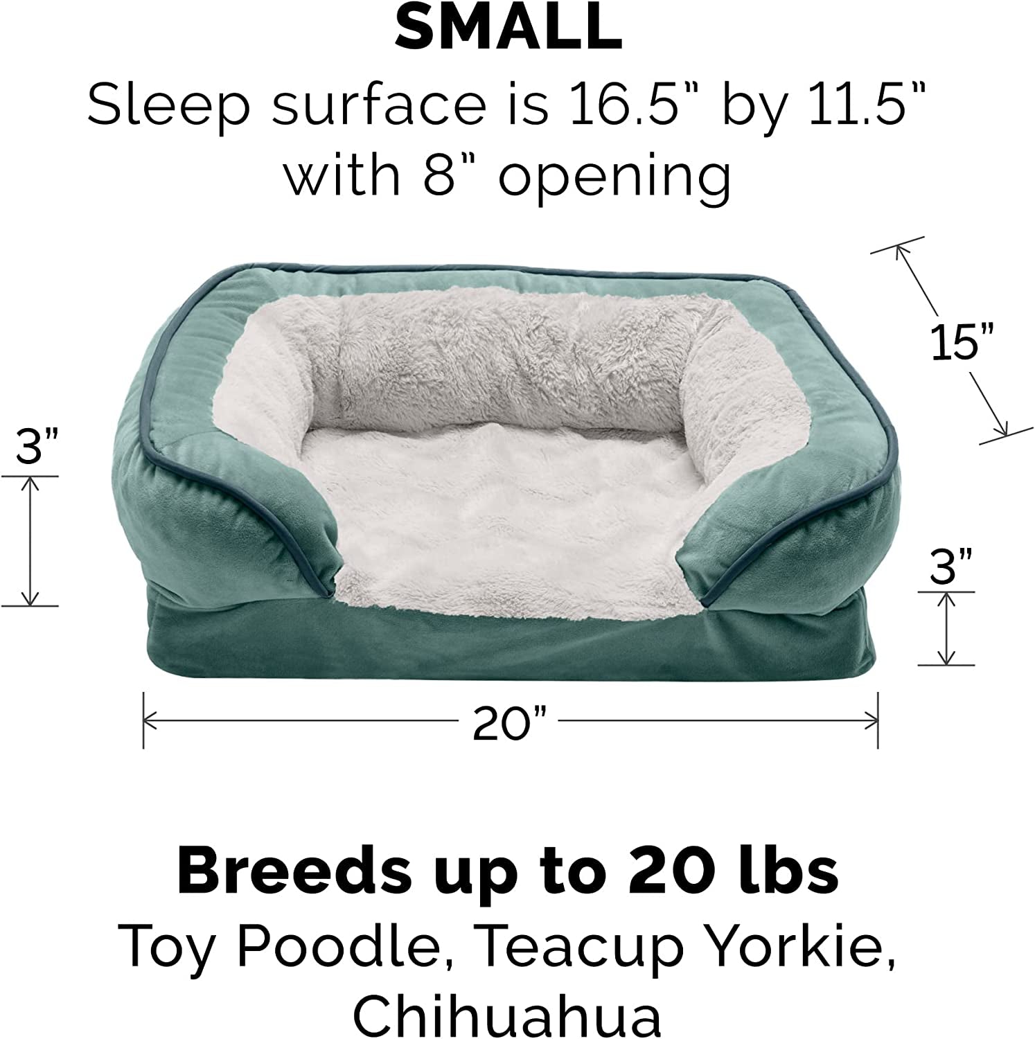 Plush Celadon Green Memory Foam Dog Bed with Removable Bolsters - Perfect Comfort for Small Dogs up to 20 Lbs - Washable Cover